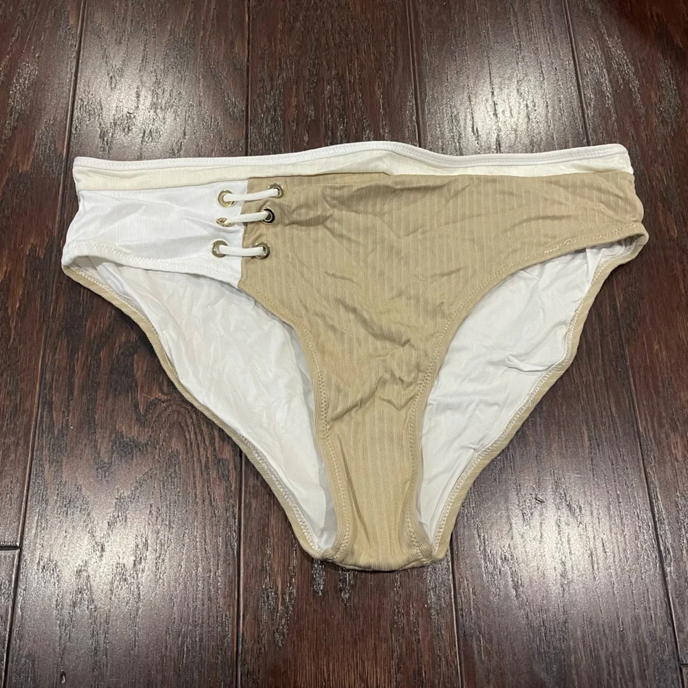 Derek Lam 10 Crosby Women Beige Front Lace Banded Bottom Swimwear Size Large New